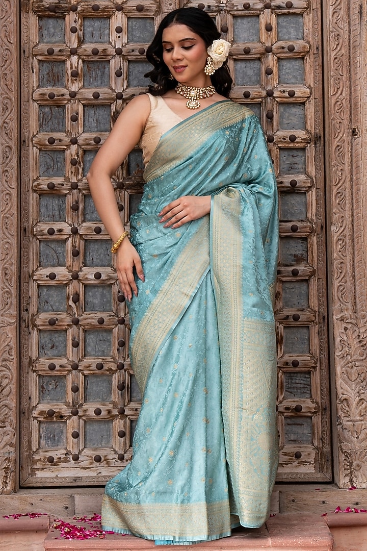 Powder Blue Pure Katan Silk Banarasi Handloom Party Wear Saree Set by Zal From Benaras at Pernia's Pop Up Shop
