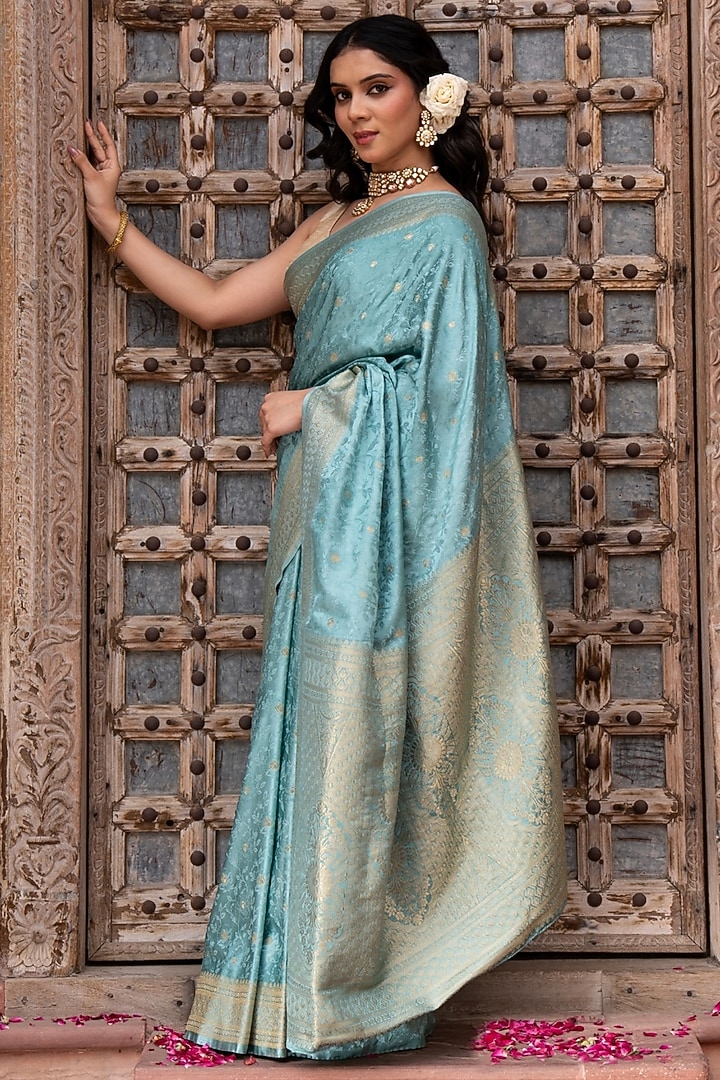 Powder Blue Pure Katan Silk Banarasi Handloom Party Wear Saree Set by Zal From Benaras at Pernia's Pop Up Shop