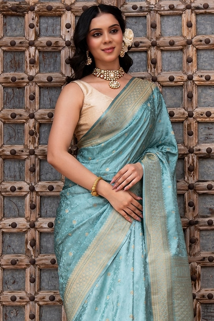 Powder Blue Pure Katan Silk Banarasi Handloom Party Wear Saree Set by Zal From Benaras at Pernia's Pop Up Shop