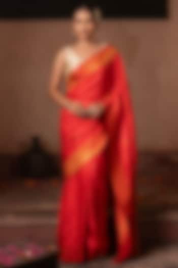 Cherry Red Pure Katan Silk Banarasi Handloom Party Wear Saree Set by Zal From Benaras at Pernia's Pop Up Shop