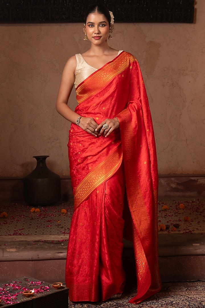 Cherry Red Pure Katan Silk Banarasi Handloom Party Wear Saree Set by Zal From Benaras at Pernia's Pop Up Shop