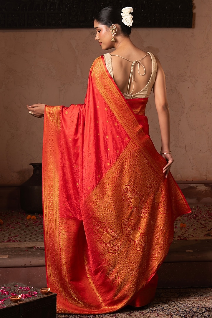 Cherry Red Pure Katan Silk Banarasi Handloom Party Wear Saree Set by Zal From Benaras at Pernia's Pop Up Shop