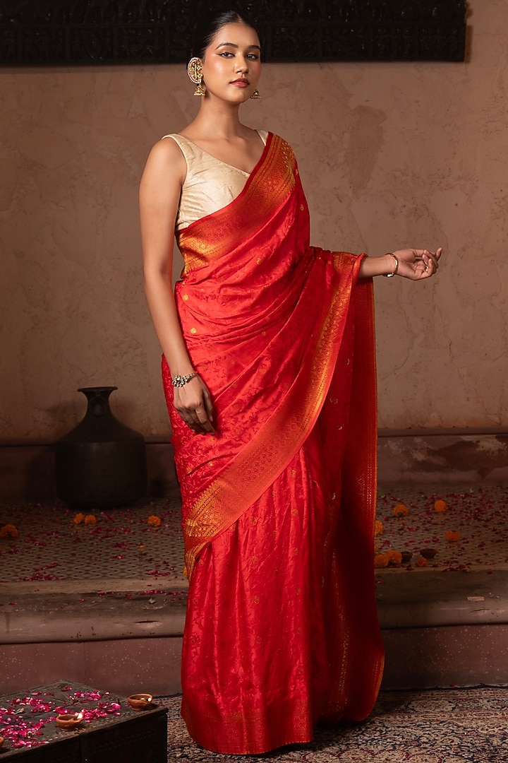 Cherry Red Pure Katan Silk Banarasi Handloom Party Wear Saree Set by Zal From Benaras at Pernia's Pop Up Shop