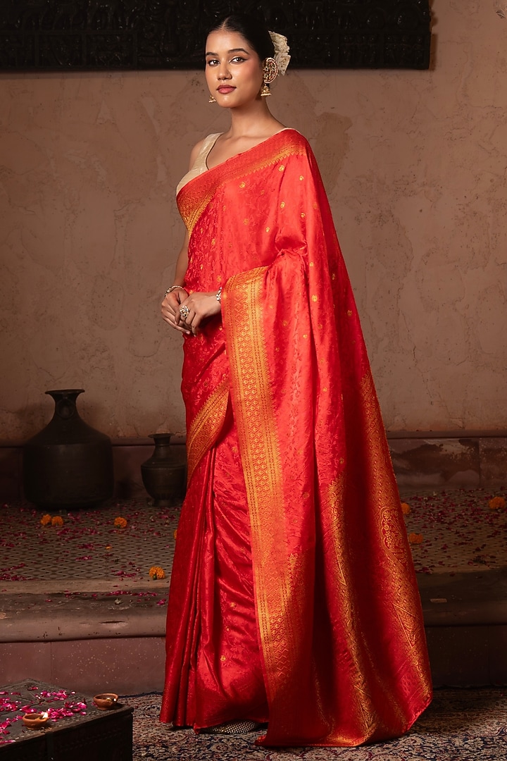 Cherry Red Pure Katan Silk Banarasi Handloom Party Wear Saree Set by Zal From Benaras at Pernia's Pop Up Shop