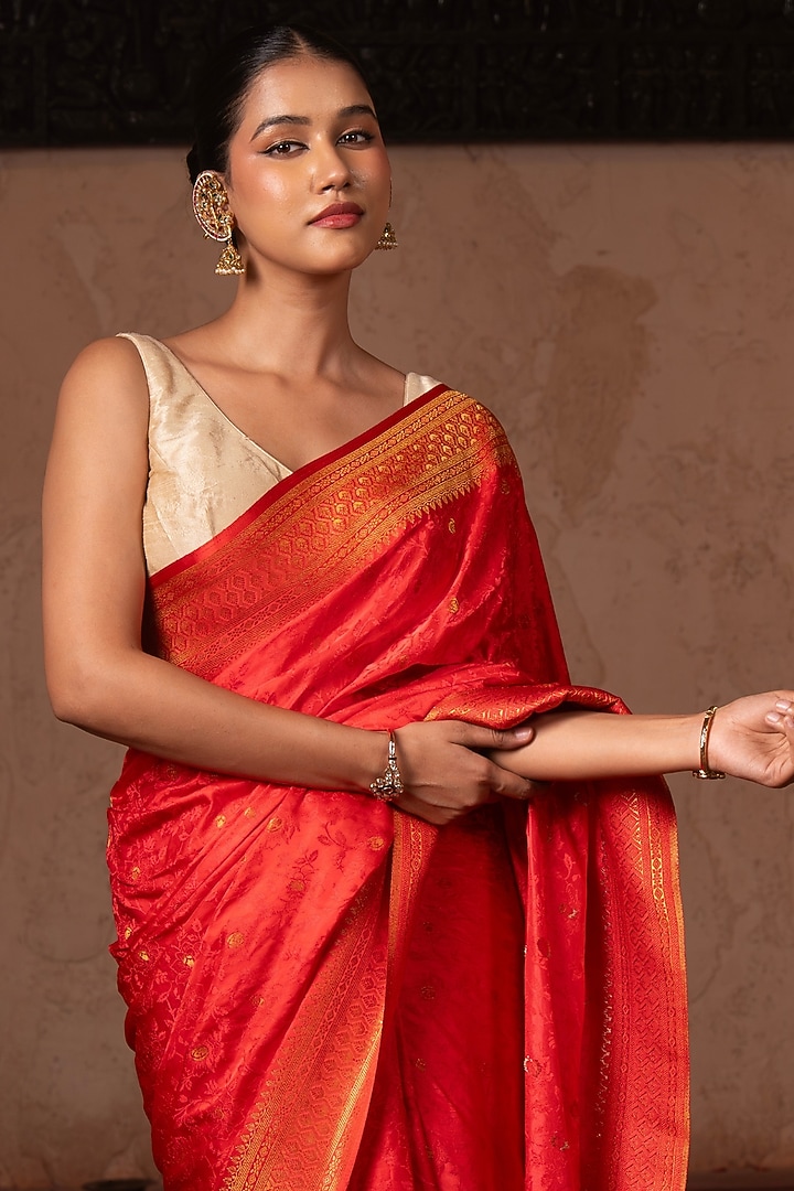 Cherry Red Pure Katan Silk Banarasi Handloom Party Wear Saree Set by Zal From Benaras at Pernia's Pop Up Shop