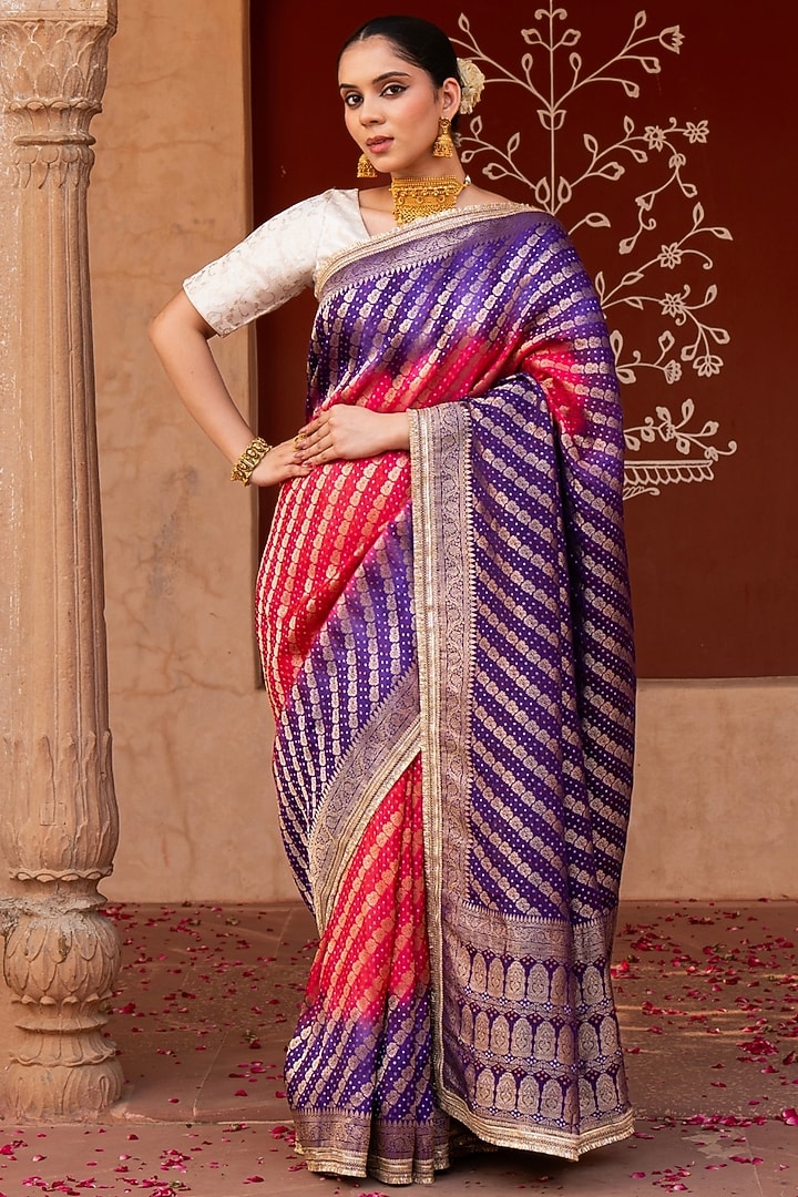 Purple-Pink Pure Katan Silk Banarasi Handloom Party Wear Saree Set by Zal From Benaras at Pernia's Pop Up Shop