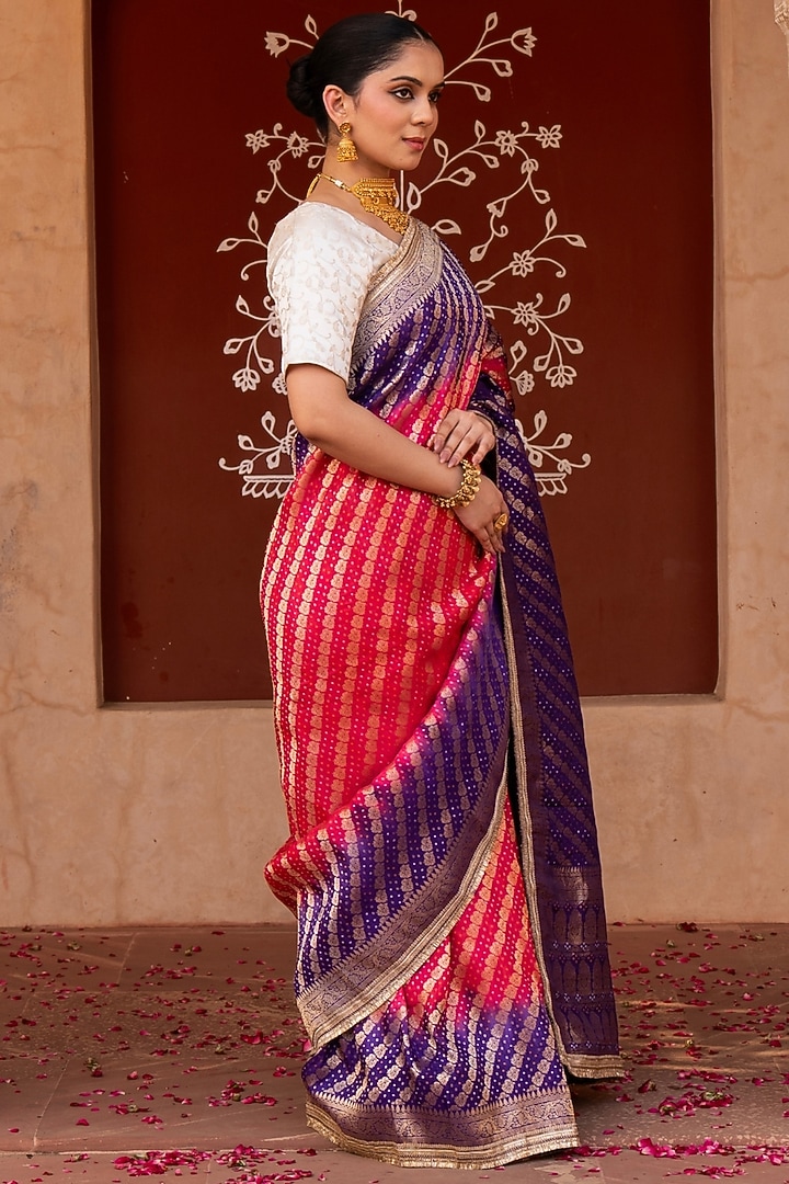 Purple-Pink Pure Katan Silk Banarasi Handloom Party Wear Saree Set by Zal From Benaras at Pernia's Pop Up Shop