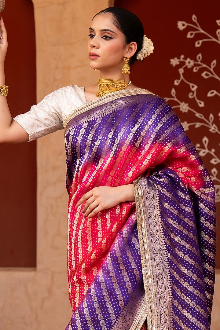 Purple-Pink Pure Katan Silk Banarasi Handloom Party Wear Saree Set by Zal From Benaras at Pernia's Pop Up Shop