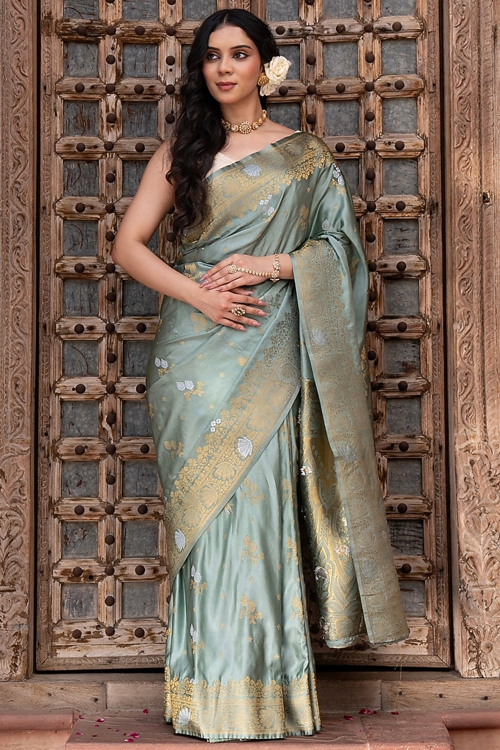 Seafoam Green Pure Katan Silk Banarasi Handloom Party Wear Saree Set by Zal From Benaras at Pernia's Pop Up Shop