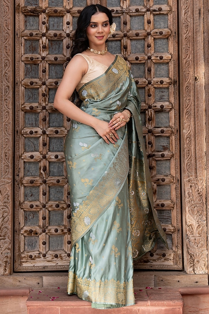 Seafoam Green Pure Katan Silk Banarasi Handloom Party Wear Saree Set by Zal From Benaras at Pernia's Pop Up Shop