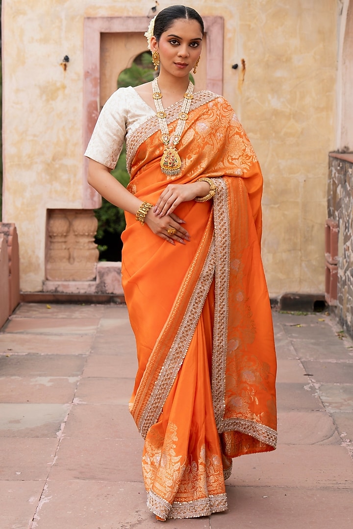 Orange Pure Katan Silk Banarasi Handloom Party Wear Saree Set by Zal From Benaras at Pernia's Pop Up Shop