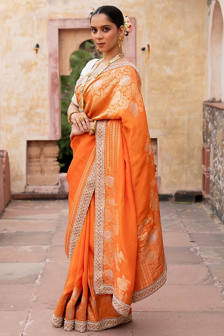 Orange Pure Katan Silk Banarasi Handloom Party Wear Saree Set by Zal From Benaras at Pernia's Pop Up Shop