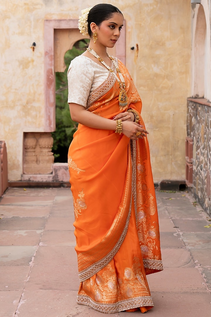 Orange Pure Katan Silk Banarasi Handloom Party Wear Saree Set by Zal From Benaras at Pernia's Pop Up Shop