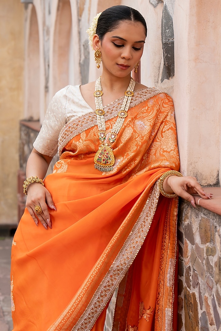 Orange Pure Katan Silk Banarasi Handloom Party Wear Saree Set by Zal From Benaras at Pernia's Pop Up Shop
