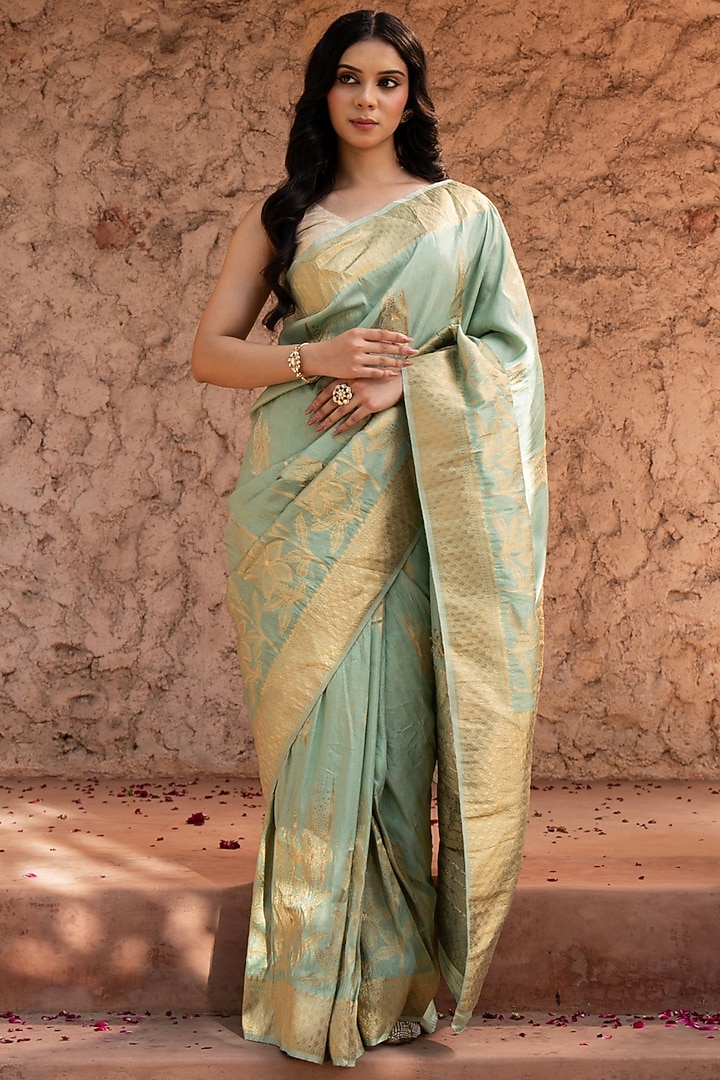 Seafoam Green Pure Tissue Silk Banarasi Handloom Party Wear Saree Set by Zal From Benaras at Pernia's Pop Up Shop