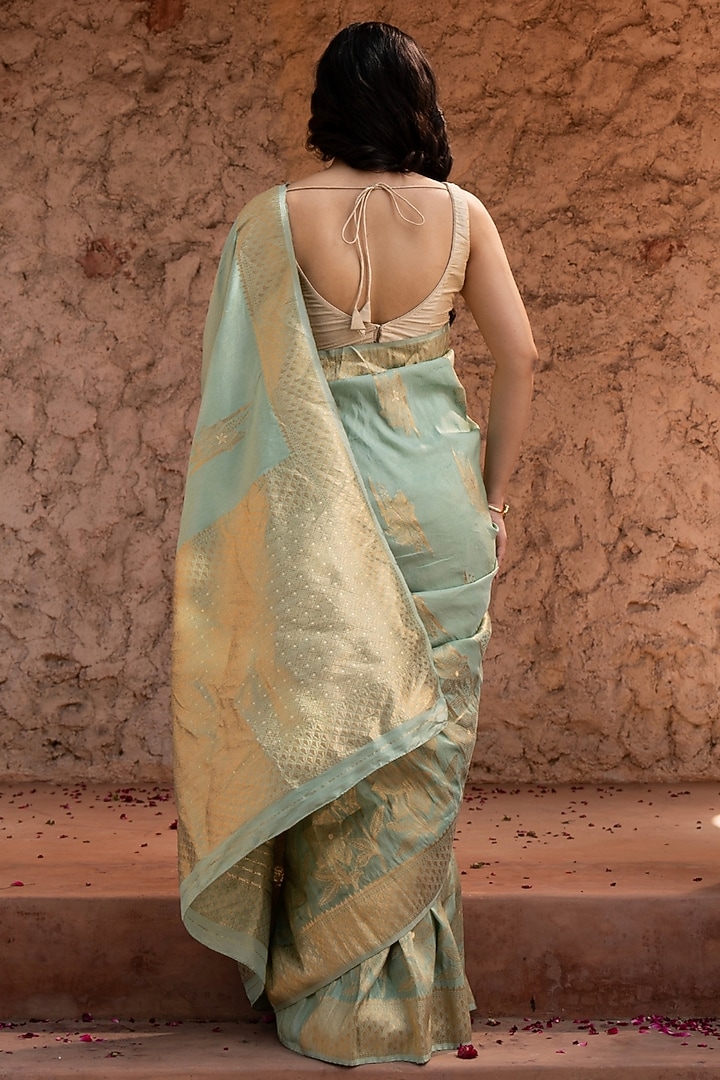 Seafoam Green Pure Tissue Silk Banarasi Handloom Party Wear Saree Set by Zal From Benaras at Pernia's Pop Up Shop