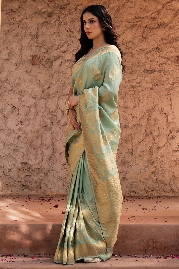 Seafoam Green Pure Tissue Silk Banarasi Handloom Party Wear Saree Set by Zal From Benaras at Pernia's Pop Up Shop