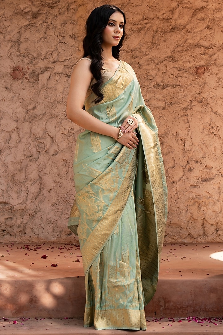Seafoam Green Pure Tissue Silk Banarasi Handloom Party Wear Saree Set by Zal From Benaras at Pernia's Pop Up Shop