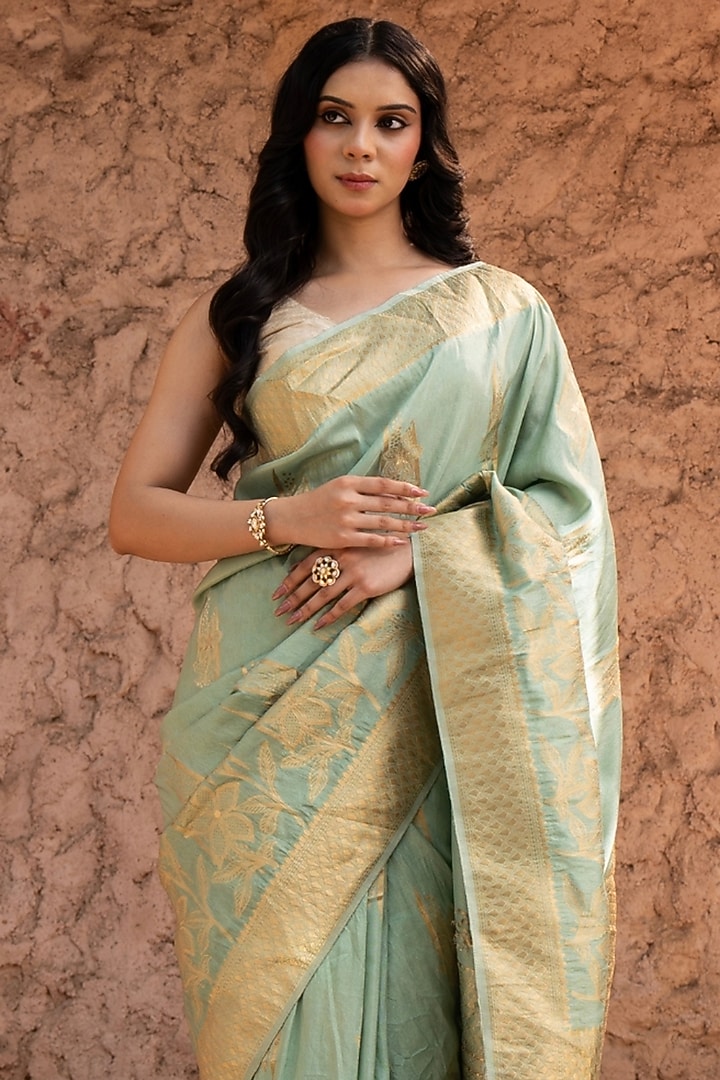 Seafoam Green Pure Tissue Silk Banarasi Handloom Party Wear Saree Set by Zal From Benaras at Pernia's Pop Up Shop