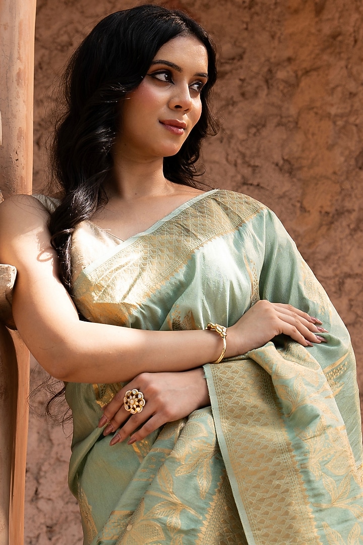 Seafoam Green Pure Tissue Silk Banarasi Handloom Party Wear Saree Set by Zal From Benaras at Pernia's Pop Up Shop