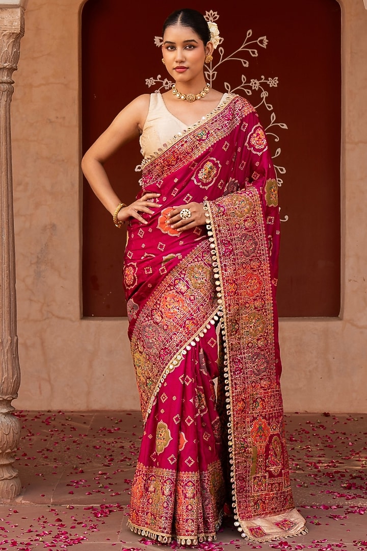 Magenta Pure Katan Silk Banarasi Handloom Party Wear Saree Set by Zal From Benaras at Pernia's Pop Up Shop