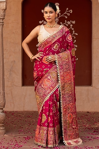 Magenta Pure Katan Silk Banarasi Handloom Saree Set by Zal From Benaras