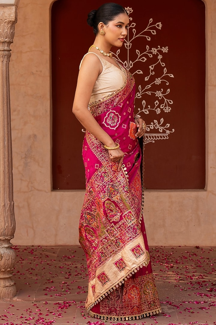 Magenta Pure Katan Silk Banarasi Handloom Party Wear Saree Set by Zal From Benaras at Pernia's Pop Up Shop