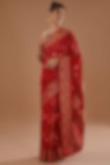 Red Chiffon Banarasi Handloom Zari Embroidered Striped Festive Saree Set by Zal From Benaras at Pernia's Pop Up Shop