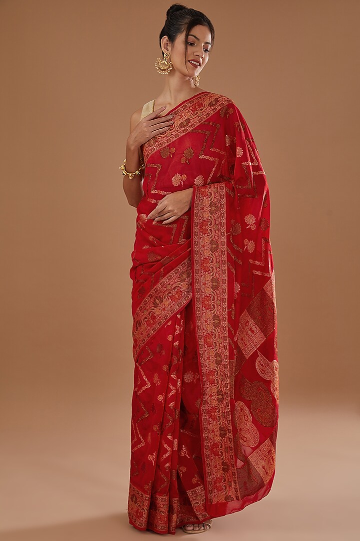 Red Chiffon Banarasi Handloom Zari Embroidered Striped Festive Saree Set by Zal From Benaras at Pernia's Pop Up Shop