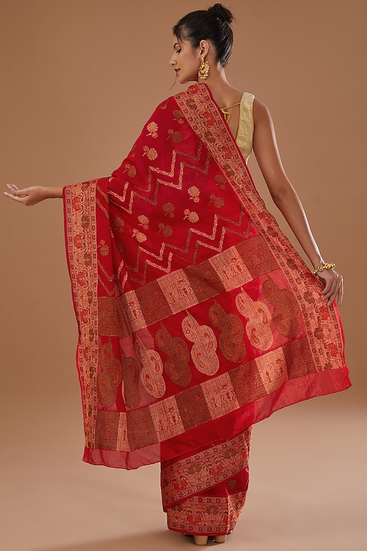 Red Chiffon Banarasi Handloom Zari Embroidered Striped Festive Saree Set by Zal From Benaras at Pernia's Pop Up Shop