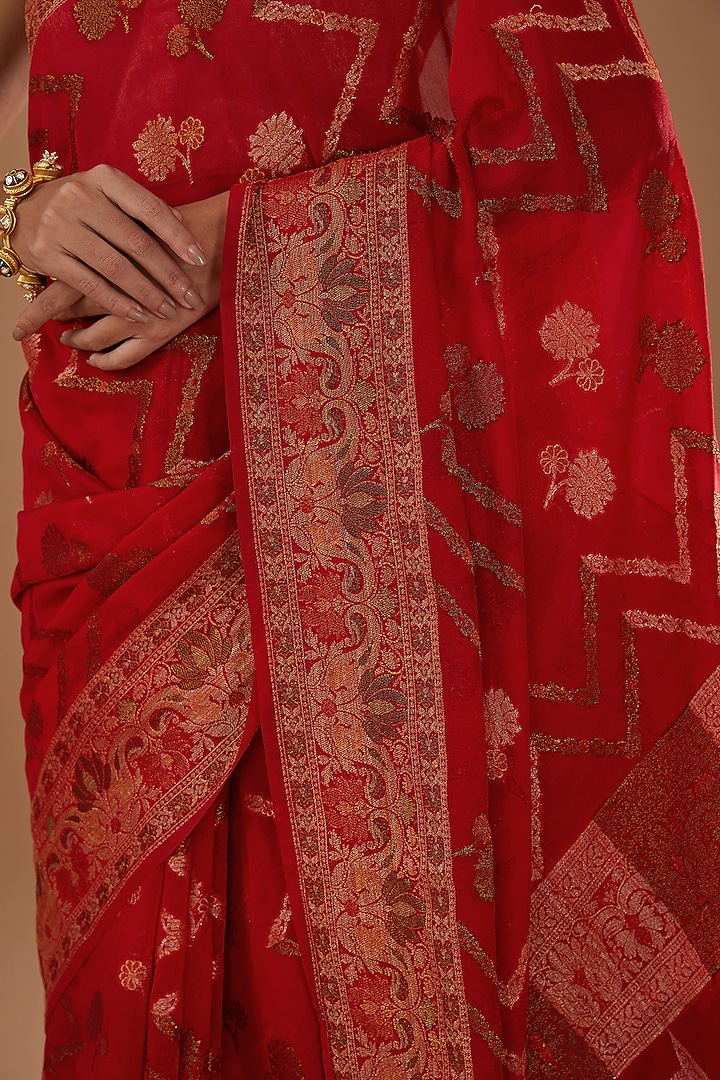 Red Chiffon Banarasi Handloom Zari Embroidered Striped Festive Saree Set by Zal From Benaras at Pernia's Pop Up Shop