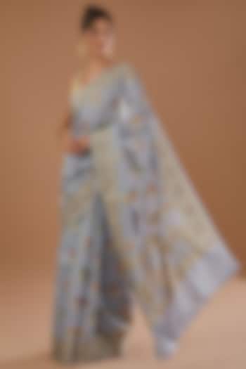 Grey Pure Silk Handloom Zari Embroidered Banarasi Festive Saree Set by Zal From Benaras at Pernia's Pop Up Shop