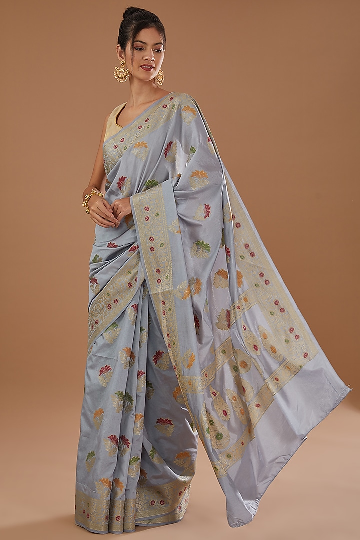 Grey Pure Silk Handloom Zari Embroidered Banarasi Festive Saree Set by Zal From Benaras at Pernia's Pop Up Shop