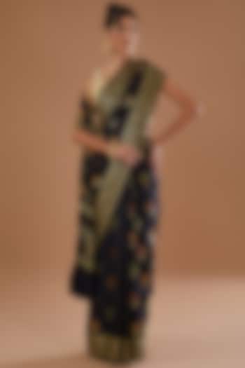 Black Pure Silk Handloom Zari & Resham Embroidered Banarasi Festive Saree Set by Zal From Benaras at Pernia's Pop Up Shop