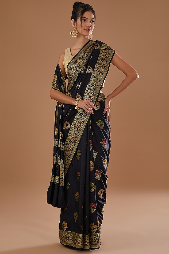 Black Pure Silk Handloom Zari & Resham Embroidered Banarasi Festive Saree Set by Zal From Benaras at Pernia's Pop Up Shop