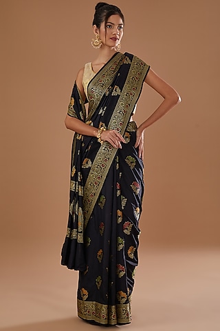 Black Pure Silk Handloom Zari & Resham Embroidered Banarasi Saree Set by Zal From Benaras
