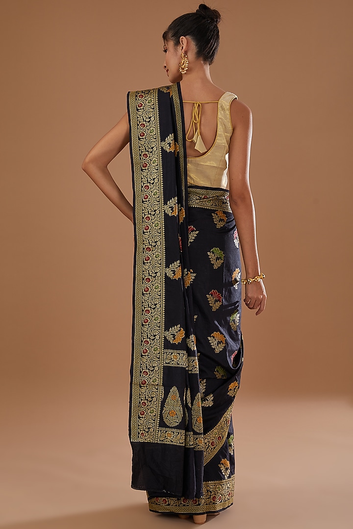 Black Pure Silk Handloom Zari & Resham Embroidered Banarasi Festive Saree Set by Zal From Benaras at Pernia's Pop Up Shop