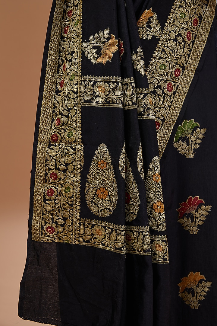 Black Pure Silk Handloom Zari & Resham Embroidered Banarasi Festive Saree Set by Zal From Benaras at Pernia's Pop Up Shop