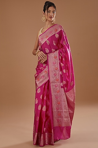 Hot Pink Pure Silk Handloom Zari Embroidered Banarasi Saree Set by Zal From Benaras