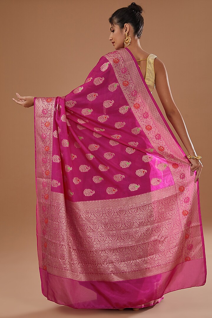 Hot Pink Pure Silk Handloom Zari Embroidered Banarasi Festive Saree Set by Zal From Benaras at Pernia's Pop Up Shop