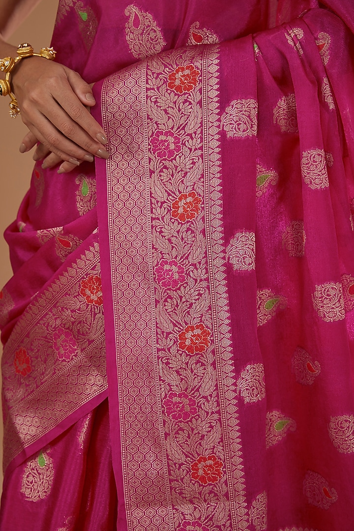 Hot Pink Pure Silk Handloom Zari Embroidered Banarasi Festive Saree Set by Zal From Benaras at Pernia's Pop Up Shop