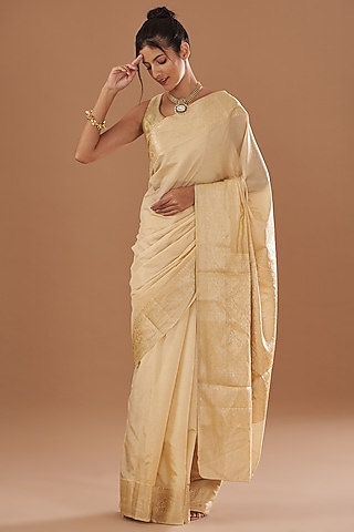 Beige & Golden Pure Silk Handloom Zari Embroidered Plain Banarasi Saree Set by Zal From Benaras