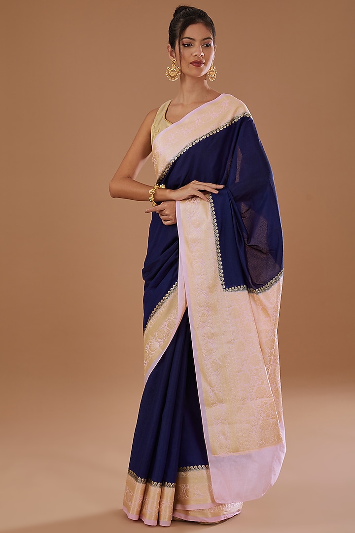 Royal Blue & Pink Chiffon Banarasi Handloom Zari Embroidered Striped Festive Saree Set by Zal From Benaras at Pernia's Pop Up Shop