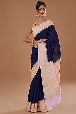 Royal Blue & Pink Chiffon Banarasi Handloom Zari Embroidered Striped Saree Set by Zal From Benaras
