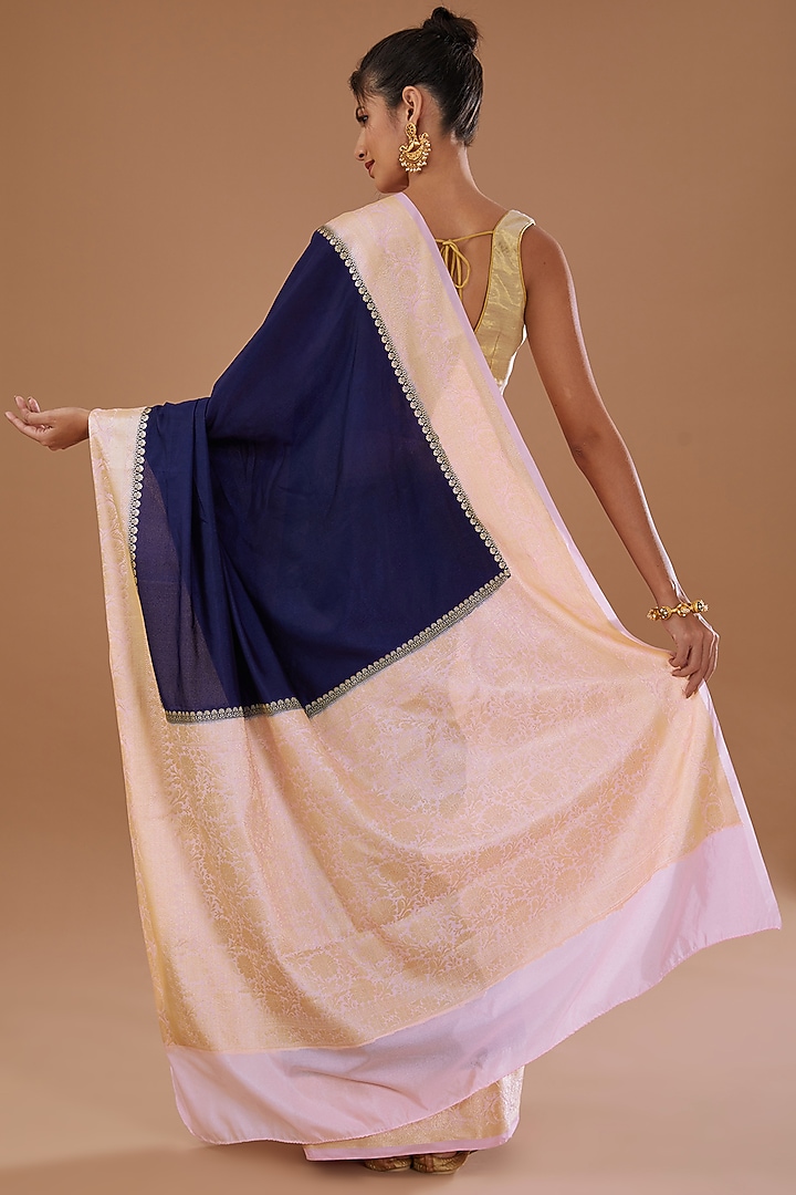 Royal Blue & Pink Chiffon Banarasi Handloom Zari Embroidered Striped Festive Saree Set by Zal From Benaras at Pernia's Pop Up Shop