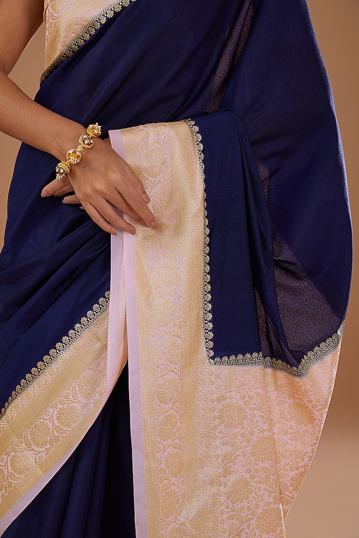 Royal Blue & Pink Chiffon Banarasi Handloom Zari Embroidered Striped Festive Saree Set by Zal From Benaras at Pernia's Pop Up Shop
