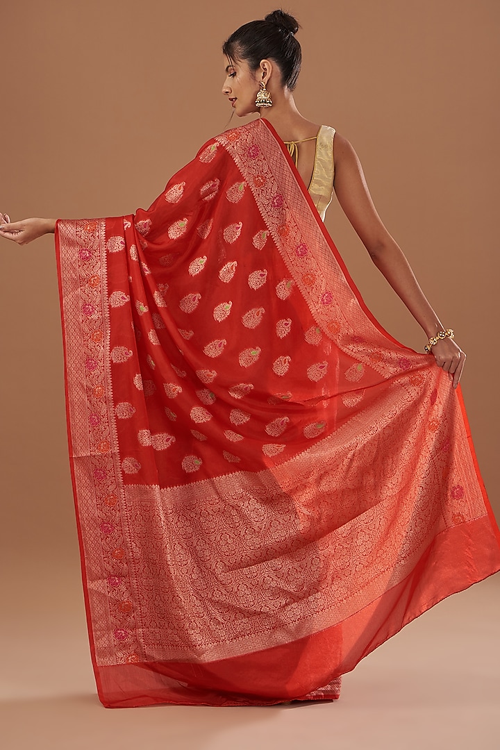 Red Pure Silk Handloom Zari Embroidered & Floral Printed Banarasi Festive Saree Set by Zal From Benaras at Pernia's Pop Up Shop
