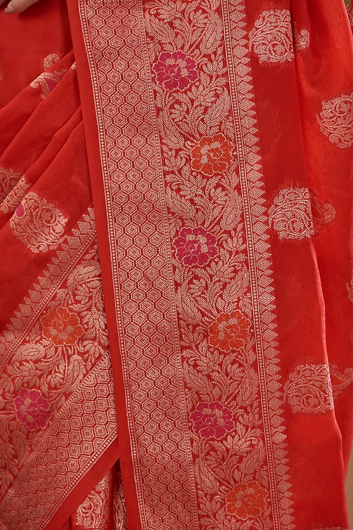 Red Pure Silk Handloom Zari Embroidered & Floral Printed Banarasi Festive Saree Set by Zal From Benaras at Pernia's Pop Up Shop