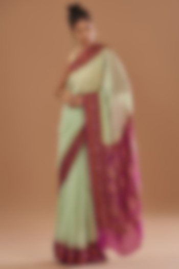 Sea Green & Magenta Chiffon Banarasi Handloom Zari Embroidered Striped Festive Saree Set by Zal From Benaras at Pernia's Pop Up Shop