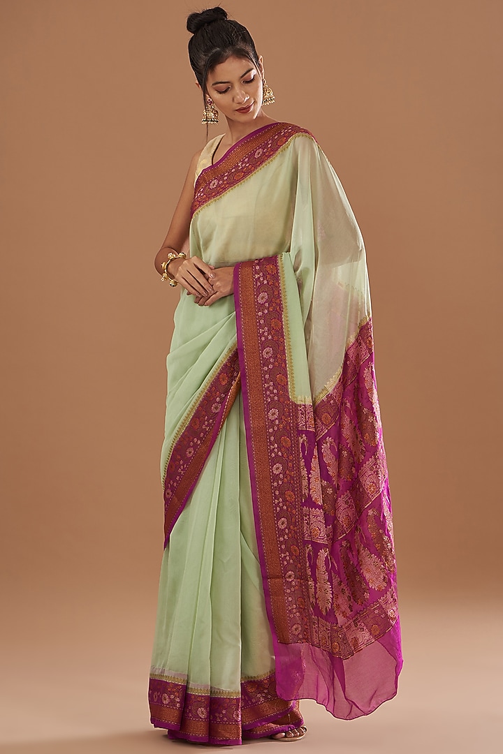 Sea Green & Magenta Chiffon Banarasi Handloom Zari Embroidered Striped Festive Saree Set by Zal From Benaras at Pernia's Pop Up Shop